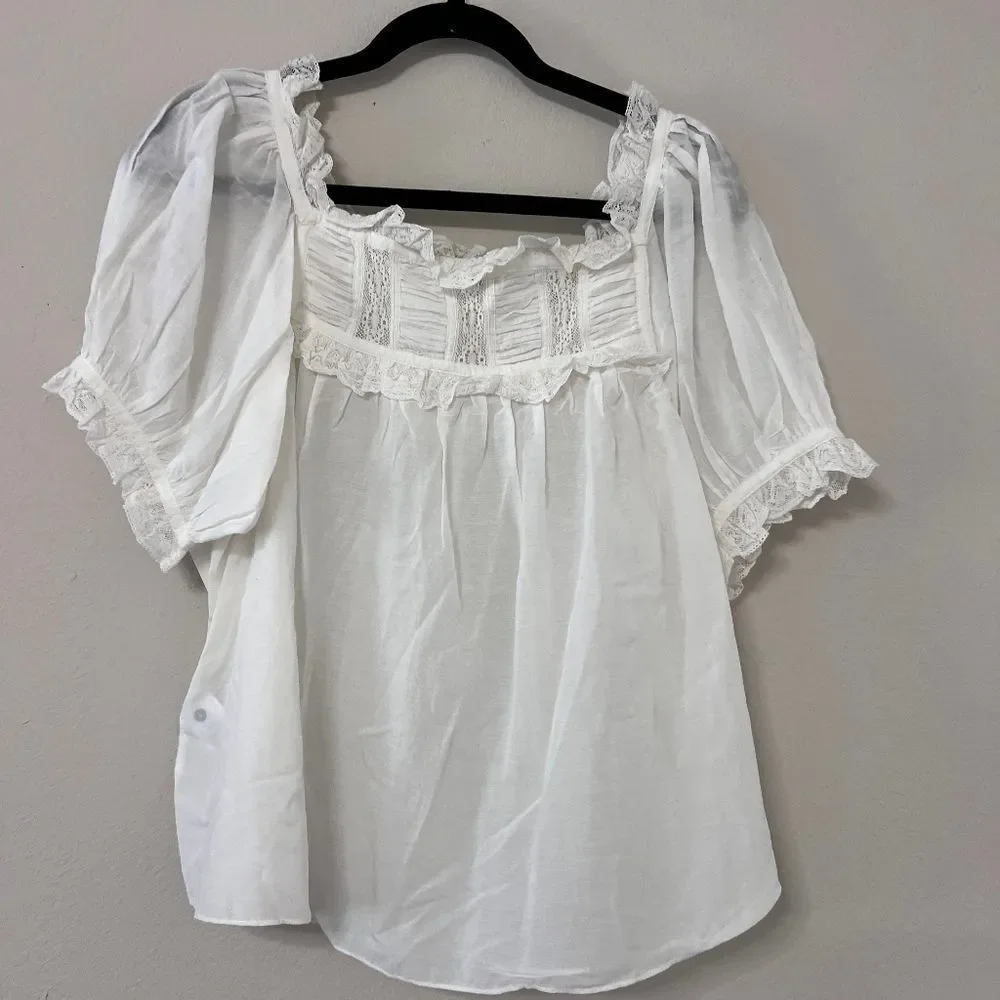 Doen Women's White Lace-Detailed Puff-Sleeve Blouse Large - Retail $503.00
